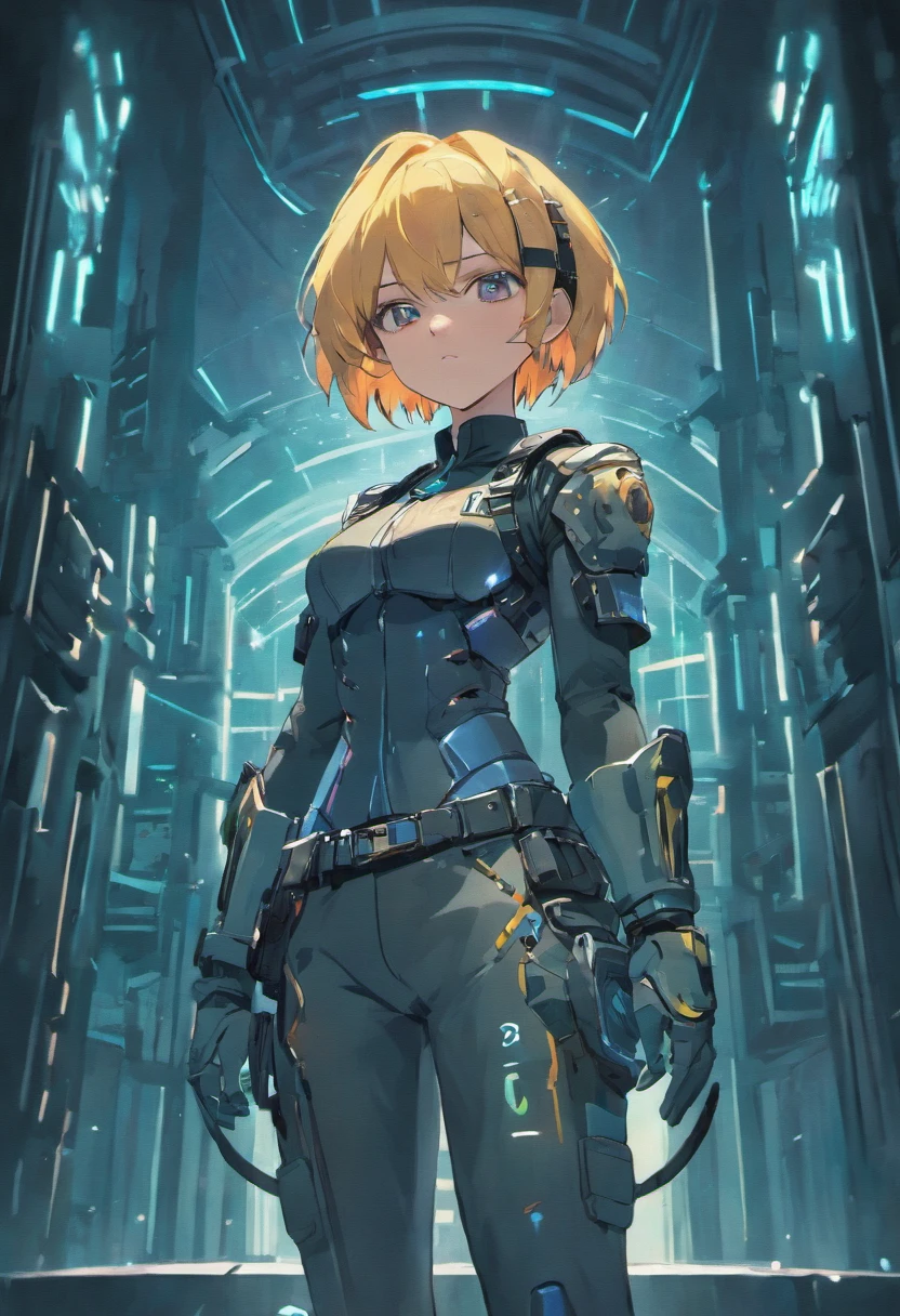 A cyberpunk female police officer wears a bulletproof vest and armor on her lower abdomen. Behind her is a tower illuminated by lights.