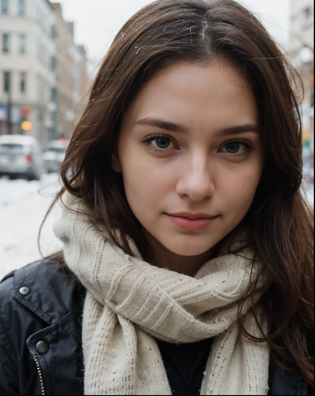 Cute beautiful sexy European light-green-eyed brunette, 22 years old, 


seductive look in eyes, girl is wearing winter jacket, scarf, winter, snow, scarf, 

innocent face, face-length 1.3 times the face-width, almond-shaped eyes, squared face-shape, high cheekbones, naturally wavy hair, light-green eyes, high-res, masterpiece, best quality, intricate details, very detailed, sharp focus, detailed skin, realistic skin texture, texture, detailed eyes, professional, 4k, charming smile, shot with Canon, depth of field, Kodak Vision color, perfectly fitting body, extremely detailed, photo_\( ultra\), photorealistic, realistic, post processing, maximum details, roughness, real life, ultrarealistic, photorealism, photography, 8k UHD, photography
