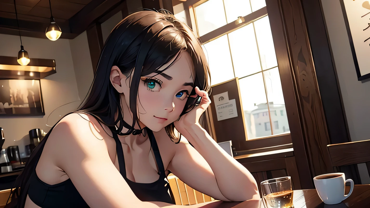 4K, A high resolution, Best quality at best, tmasterpiece, perfect colors, perfect shadow, perfect litthing, ((sportrait)), bright green eyes，With round lenses, The audience watched carefully, (s face: 1.2), Perfect female figure， ((90s crop top)), ((looking and shy at viewert)), (Perfect thick white eyebrows) Delicate fur, 详细s face, s the perfect shy face, At a  in an coffee shop , (Drink a glass of coffee standing), Comfortable background, perfect  decoration, lighting atmosphere, ((Bonifasko lighting)), (The round lenses on his eyes)(詳細な目), Perfect student