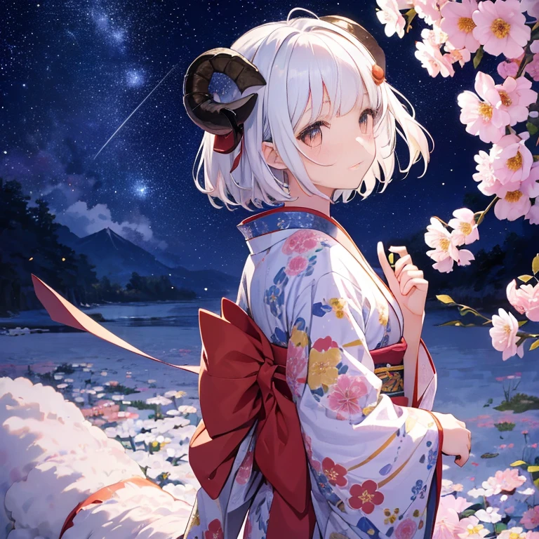 1 sticker, sticker, nikkaze, (cute girl), (gorgeous kimono), (gorgeous hair accessory), (Japanese traditional hairstyle), cherry blossoms, clouds, behind is a huge round moon, stars, white background, no background, simple background, minimal, cute, tiny, pastel color, vector style, no gradient