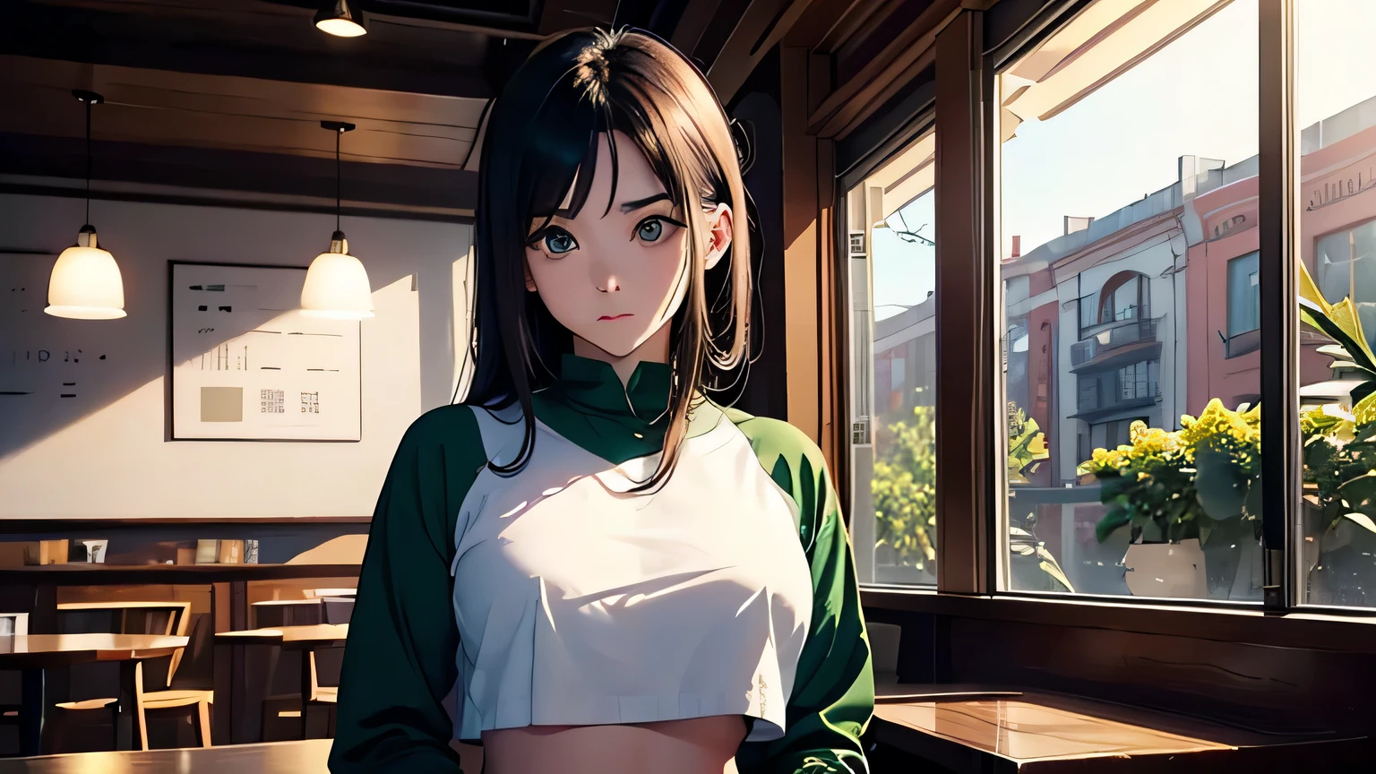 4K, A high resolution, Best quality at best, tmasterpiece, perfect colors, perfect shadow, perfect litthing, ((sportrait)), bright green eyes,With round lenses, The audience watched carefully, (s face: 1.2), Perfect female figure, ((90s crop top)), ((looking and shy at viewert)), (Perfect thick white eyebrows) Delicate fur, 详细s face, s the perfect shy face, At a in an coffee shop , (Drink a glass of coffee standing), Comfortable background, perfect decoration, lighting atmosphere, ((Bonifasko lighting)), (The round lenses on his eyes)(詳細な目), Perfect student