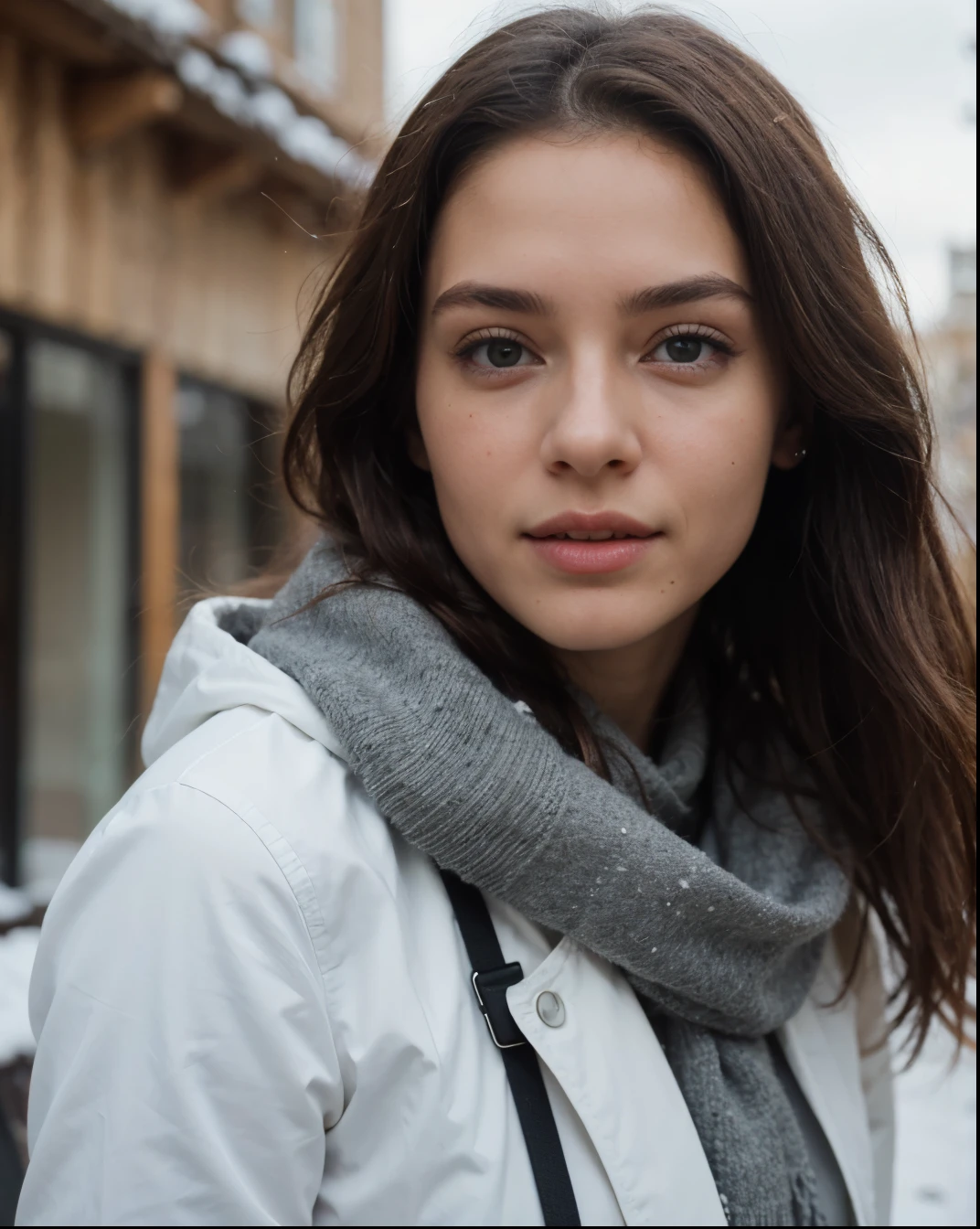 Cute beautiful sexy European light-green-eyed brunette, 22 years old, 


seductive look in eyes, girl is wearing winter jacket, scarf, winter, snow, scarf, 

innocent face, face-length 1.3 times the face-width, almond-shaped eyes, squared face-shape, high cheekbones, naturally wavy hair, light-green eyes, high-res, masterpiece, best quality, intricate details, very detailed, sharp focus, detailed skin, realistic skin texture, texture, detailed eyes, professional, 4k, charming smile, shot with Canon, depth of field, Kodak Vision color, perfectly fitting body, extremely detailed, photo_\( ultra\), photorealistic, realistic, post processing, maximum details, roughness, real life, ultrarealistic, photorealism, photography, 8k UHD, photography
