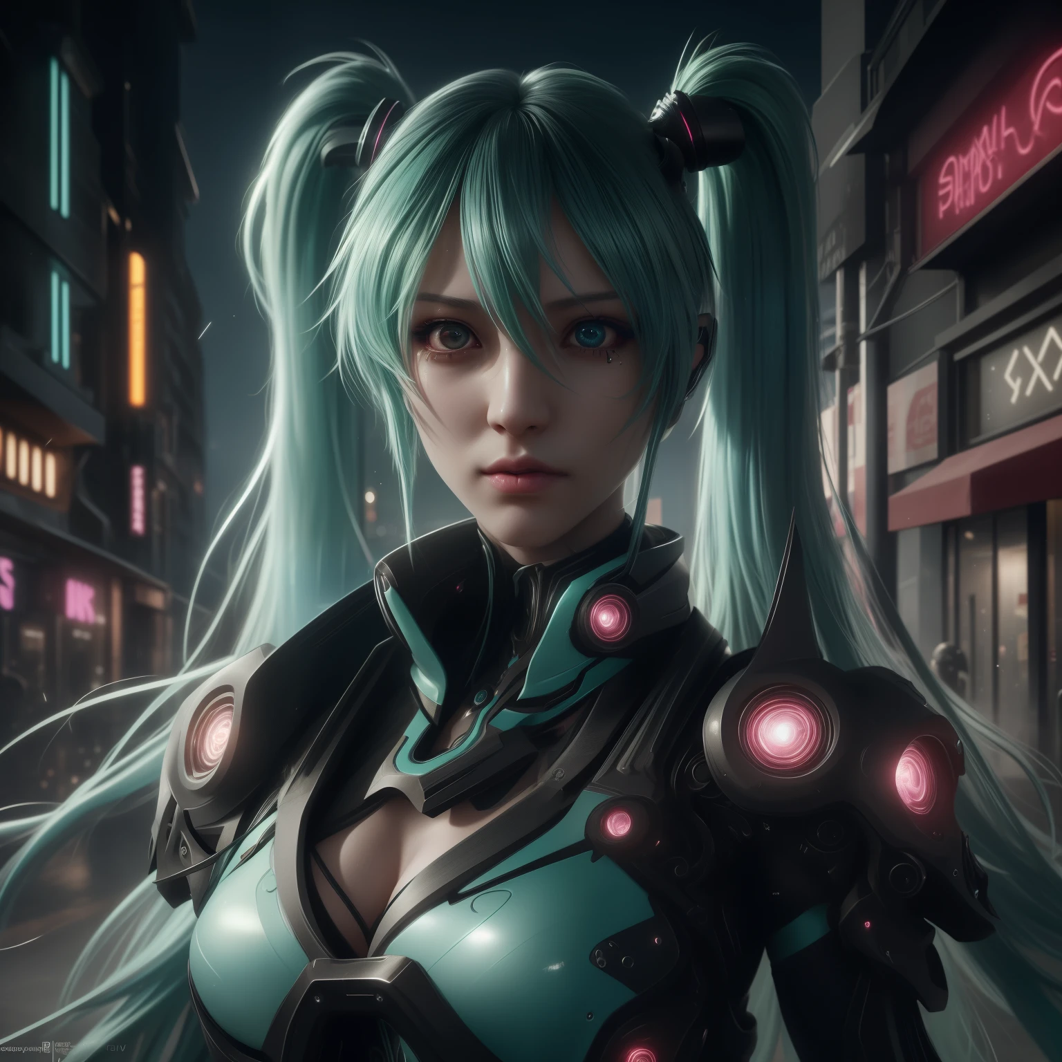 Photography, portrait photo of cyberpunk Hatsune Miku, light green twintails, with short bangs, cleavage, atmospheric and dark atmosphere, calm, lights and streetlights from shops on the street in cyberpunk city, unreal engine, hyper realistic photo, hazel eyes, ultra realistic and detailed, reflection eyes, perfect skin, with vibrant meticulously detailed intricate long curly glowing and flowing hair, looking infront, face focused, Fantasy, Beautiful lighting, lovely colors, Intricate details, fine art, max details, Ultra realistic, photo realism, Perfect anatomy, precise features, masterpiece, 16k RAW, HDR, Award Winning Work 