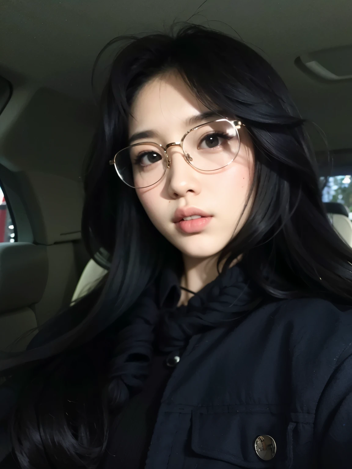 there is a woman with glasses sitting in a car, with glasses, Ulzzang, bae suzy, with glasses quadrados, wearing big thin round glasses, long wavy black hair and glasses,  coreana, with glasses pretos, thick lens glasses, wearing black framed glasses, Heonhwa Choe, sakimichan, Thick glasses - hoops, wearing square glasses