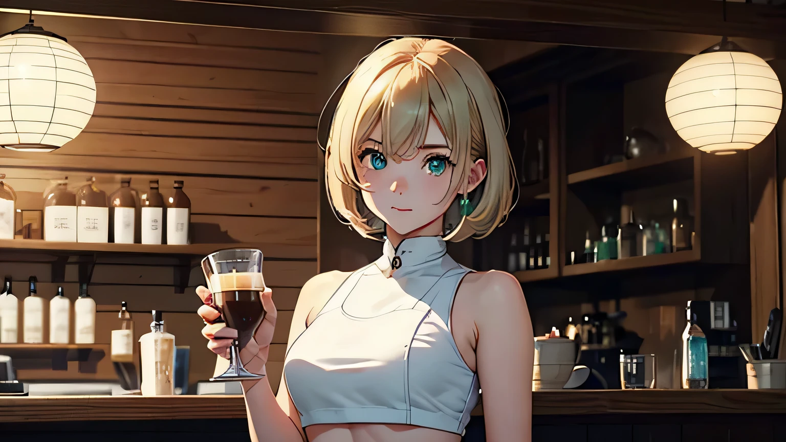 4K, A high resolution, Best quality at best, tmasterpiece, perfect colors, perfect shadow, perfect litthing, ((sportrait)), bright green eyes,With round lenses, The audience watched carefully, (s face: 1.2), Perfect female figure, ((90s crop top)), ((looking and shy at viewert)), (Perfect thick white eyebrows) Delicate fur, 详细s face, s the perfect shy face, At a in an coffee shop , (Drink a glass of coffee standing), Comfortable background, perfect decoration, lighting atmosphere, ((Bonifasko lighting)), (The round lenses on his eyes)(詳細な目), Perfect student