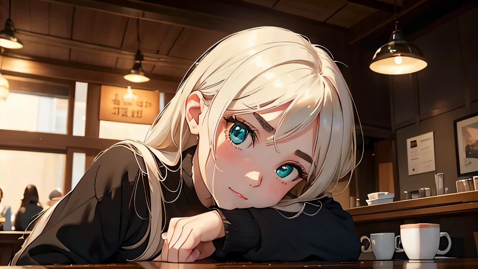 4K, A high resolution, Best quality at best, tmasterpiece, perfect colors, perfect shadow, perfect litthing, ((sportrait)), bright green eyes,With round lenses, The audience watched carefully, (s face: 1.2), Perfect female figure, ((90s crop top)), ((looking and shy at viewert)), (Perfect thick white eyebrows) Delicate fur, 详细s face, s the perfect shy face, At a in an coffee shop , (Drink a glass of coffee standing), Comfortable background, perfect decoration, lighting atmosphere, ((Bonifasko lighting)), (The round lenses on his eyes)(詳細な目), Perfect student