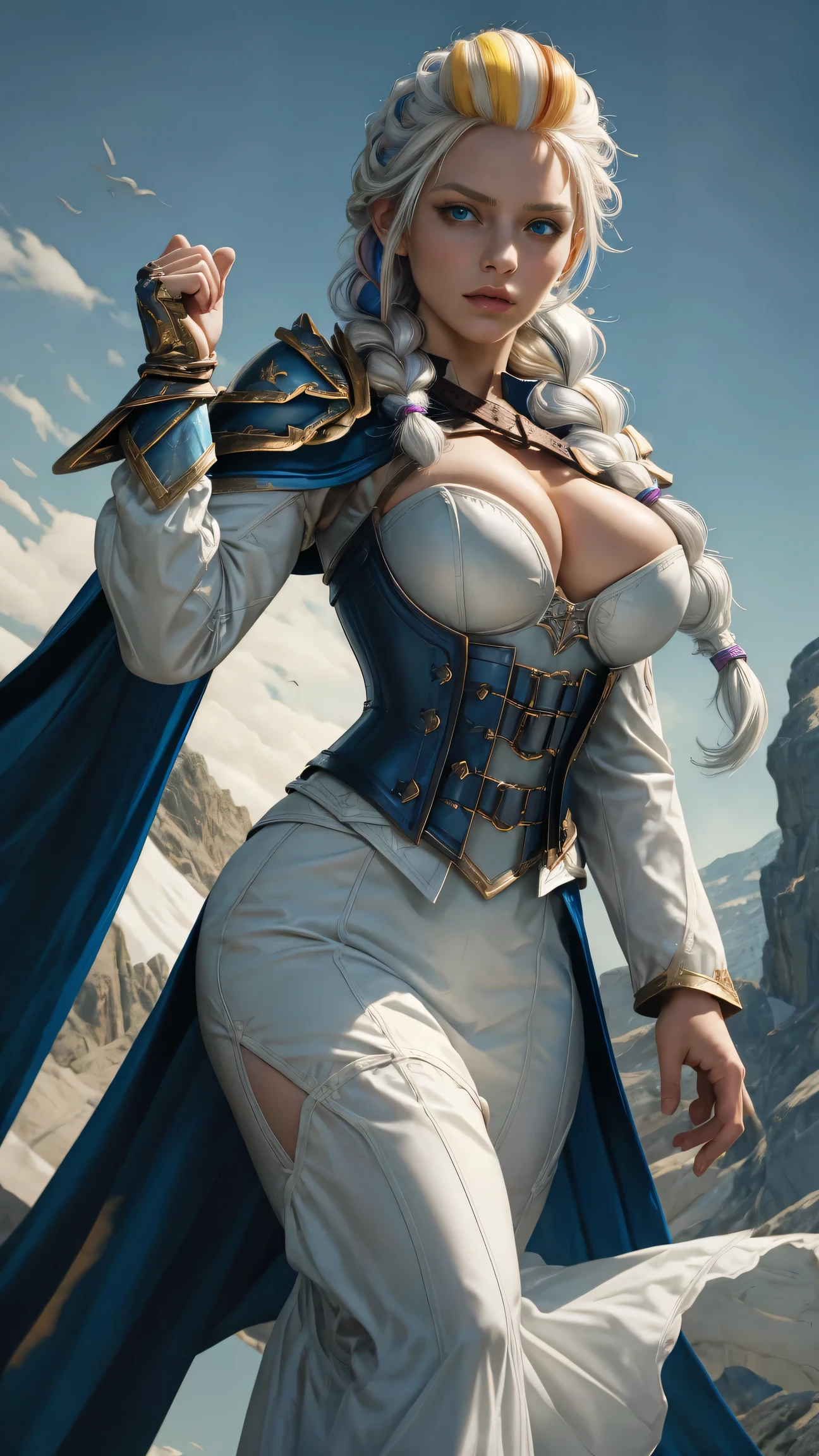 masterpiece, best quality, 1girl, solo, standing, jainapost, multicolored hair, white hair, (single braid:1.1), chest strap, cleavage, armor, corset, blue cape, gauntlets, bracer, greaves, long sleeves, parted lips, hand on hip, dark, huge breasts, bursting breasts, magic, spell, arcane magic