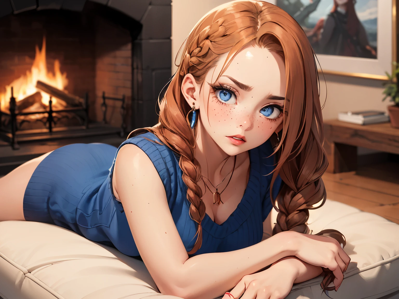 ((best quality)), ((masterpiece)), (detailed), Ridiculous resolution, ultra-high resolution, hyper resolution, (masterpiece:1.4), Hyper-detailing, a woman. She is . copper hair. She has bangs in her hair. Braids. red lips. closed lips. she is blushing. she has freckles. (Ultra detailed blue eyes:1.4)). she is lying on a sofa by the fireplace. She is wearing a blue colored sleeveless wool sweatshirt. necklace. She is upset.
