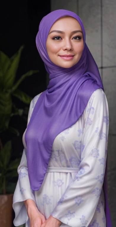 Luna Maya, slim faces, (RAW photo:1.2), (photorealistic:1.4),(masterpiece:1.3),(best quality:1.4),ultra high res,(detailed eyes),(detailed facial features),(detailed clothes features),HDR,8k resolution, skin tight, (((high detailed skin,visible pores))),1 girl, tall body, slim faces, body abs:1.2, 30 years old, muslimah, firm round breast:1.4, uplift nipples, wearing tight close beie pastel floral silk malay gamis abaya with hijab shawl covering her breasts, full body, beautiful shy smile, wearing high heels
