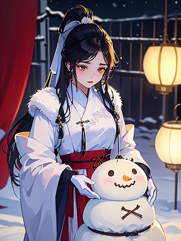 (best quality), ((masterpiece)), (highres), illustration, original, extremely detailed, licg, snow, snowman, 1girl, 1boy, chinese clothes, black hair, outdoors, long hair, winter, long sleeves, fur trim, hanfu, snowing, ponytail, jewelry, ribbon, looking down, earrings, blurry, hair ornament