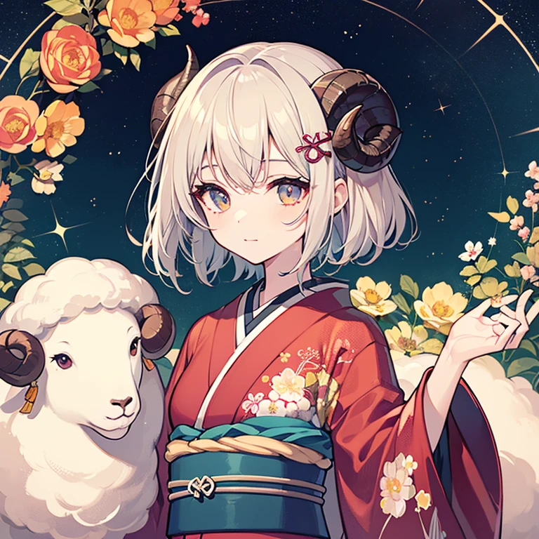 (Japanese pattern background of flowers), ((girl with sheep horns)), 1 girl, solo, short hair, with bangs, hair ornament, closed mouth, (brightly colored flowers), hair color as if melted night sky and twinkling stars, Japanese clothes, kimono, 12 constellations,