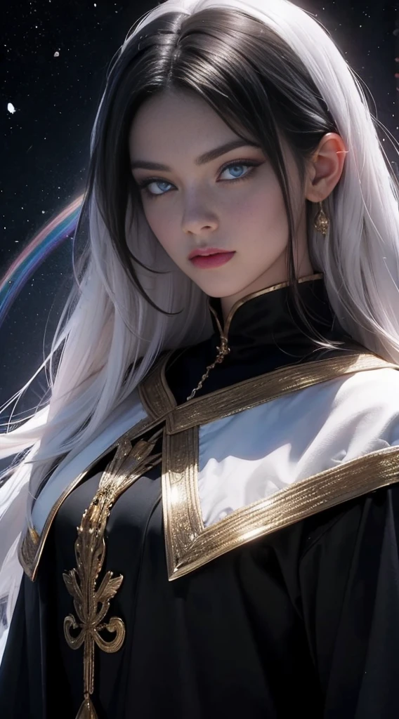 black woman, skin reference dark black, 40 years, long snow-white hair, rainbow color eyes, wearing a fine shiny silk fabric. The background is a hall of the universe. 8k, best quality masterpiece. Please i need the her skin be black, keep the characteristics but with a skin black and a expression of a person of 40 years