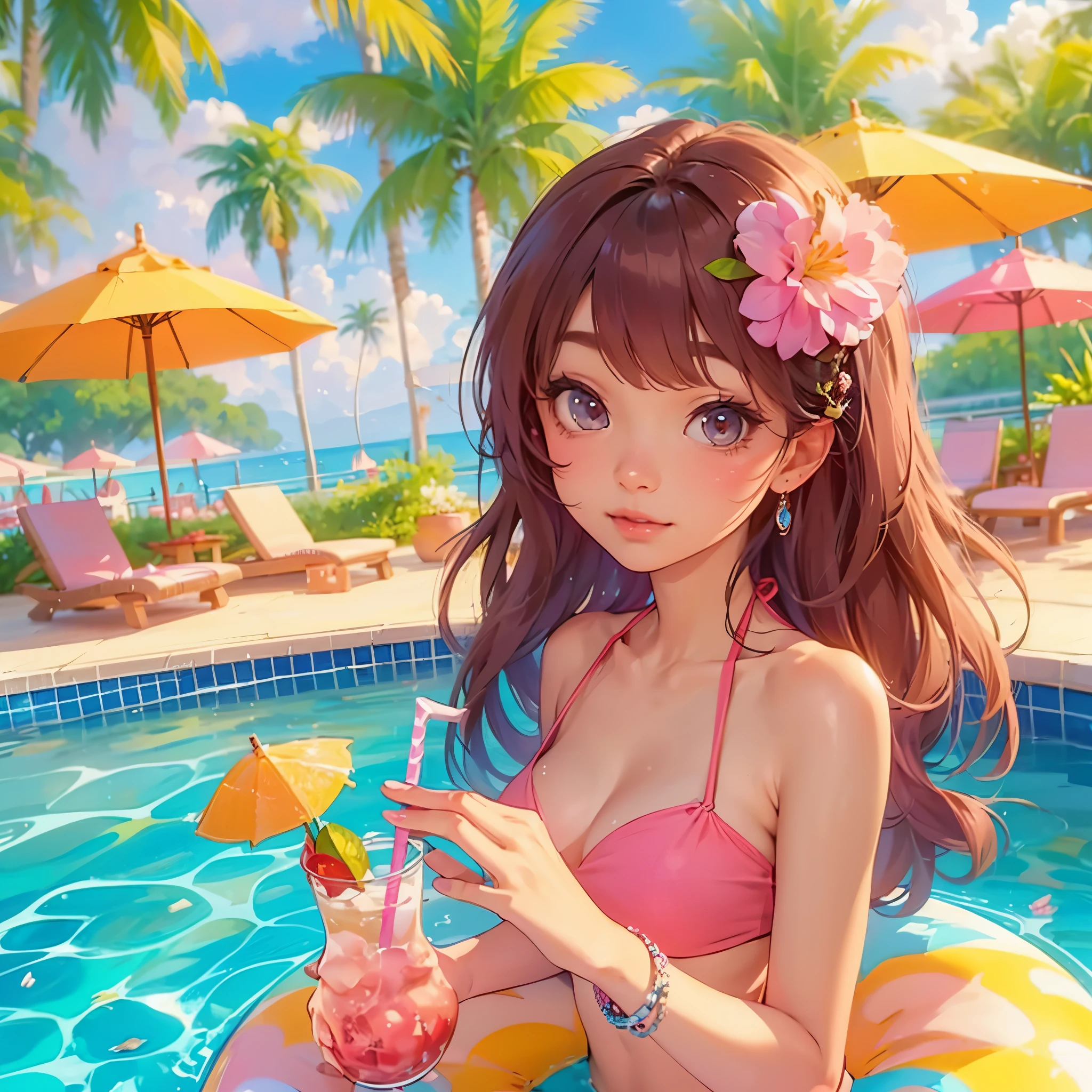 anime girl in a bikini with a drink in a pool, anime visual of a cute girl, beautiful anime girl, cute anime girl, pretty anime girl, attractive anime girl, artwork in the style of guweiz, smooth anime cg art, beautiful anime artwork, beautiful anime art style, digital anime illustration, anime art wallpaper 4k, anime art wallpaper 4 k, masterpiece, best quality:1.2),(8k,highres,RAW photo,realistic,photo-realistic:1.3),(detailed skin texture,detailed cloth texture,beautiful detailed face:1.25),professional lighting,photon mapping,beautiful soft light,radiosity,physically-based rendering,model shoot style, model shoot style, (extremely detailed CG unity 8k wallpaper), full shot body photo of the most beautiful artwork in the world, complex 3d render ultra detailed, looking at viewer, 18 yo, real human skin, vibrant details, hyperrealistic, beautiful, octane render, an extremely delicate and beautiful, extremely detailed ,CG ,unity ,wallpaper,Amazing, finely detail,official art,extreme detailed eyes, (perfect face), shiny skin, colorful, highest detailed, vibrant colors, ultra high res, (high contrast), intricate, lens flare 