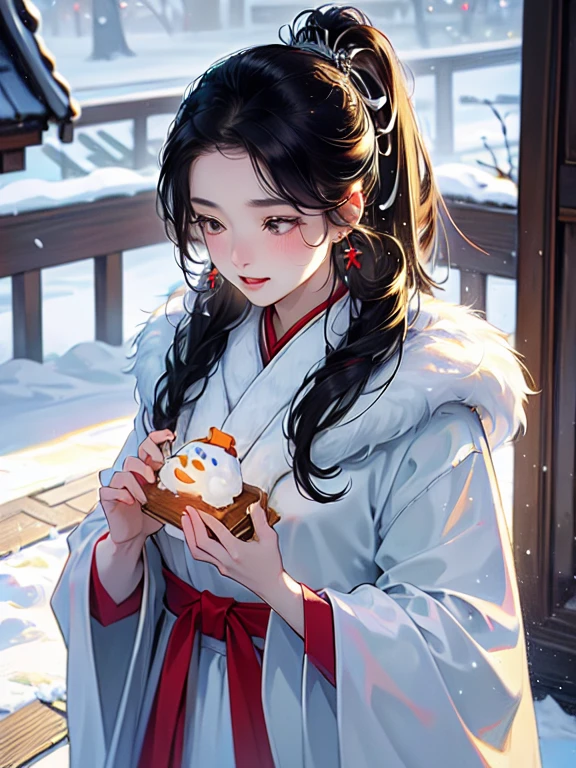 (best quality), ((masterpiece)), (highres), illustration, original, extremely detailed, licg, snow, snowman, 1girl, 1boy, chinese clothes, black hair, outdoors, long hair, winter, long sleeves, fur trim, hanfu, snowing, ponytail, jewelry, ribbon, looking down, earrings, blurry, hair ornament