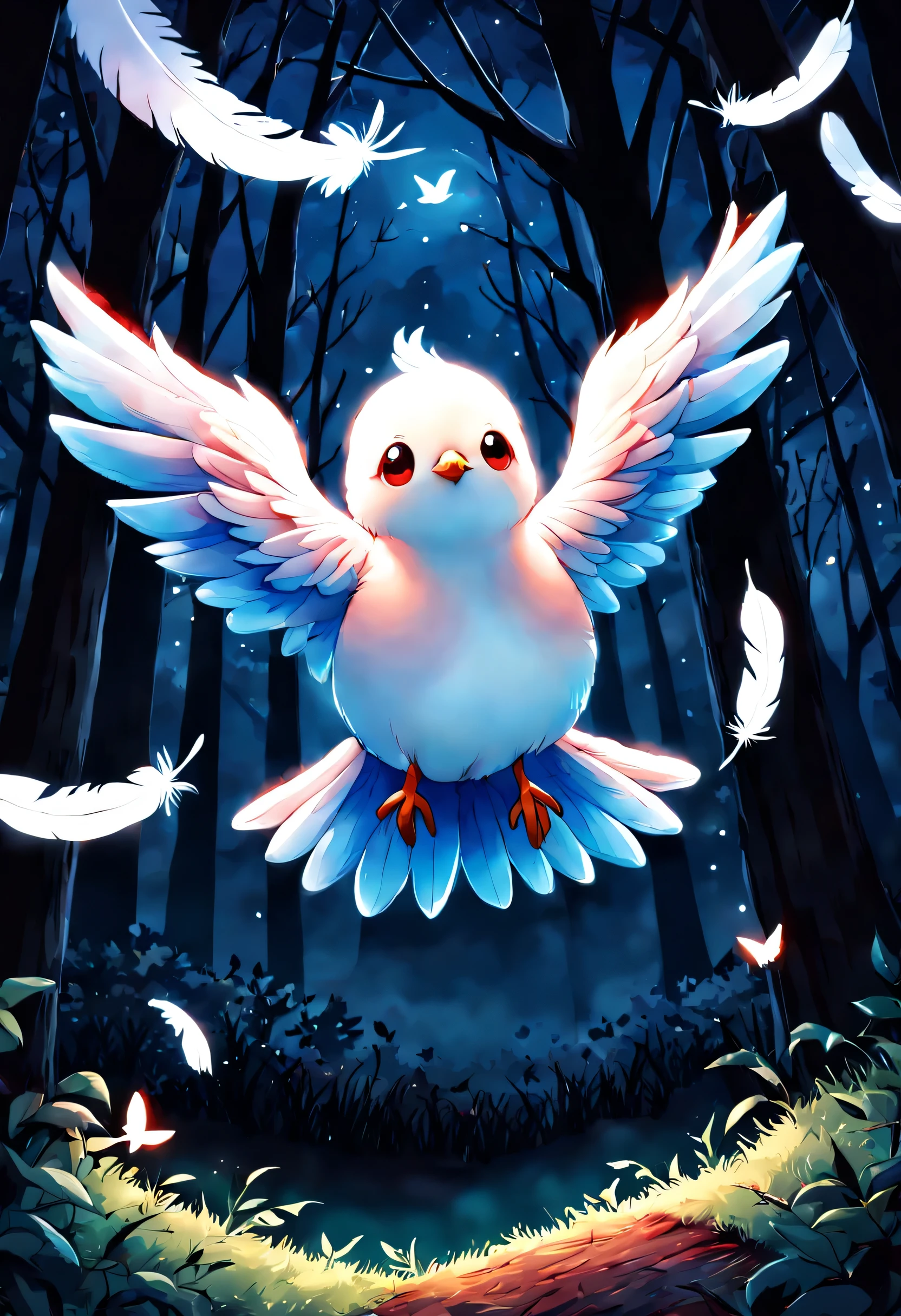 A cute bird moving its wings, (hd), (magical), blue magical air, magical light, dark night, small bird, red and white feathers, forest, ( (close up) )