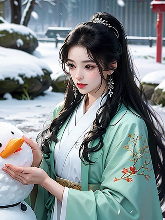 (best quality), ((masterpiece)), (highres), illustration, original, extremely detailed, licg, snow, snowman, 1girl, 1boy, chinese clothes, black hair, outdoors, long hair, winter, long sleeves, fur trim, hanfu, snowing, ponytail, jewelry, ribbon, looking down, earrings, blurry, hair ornament