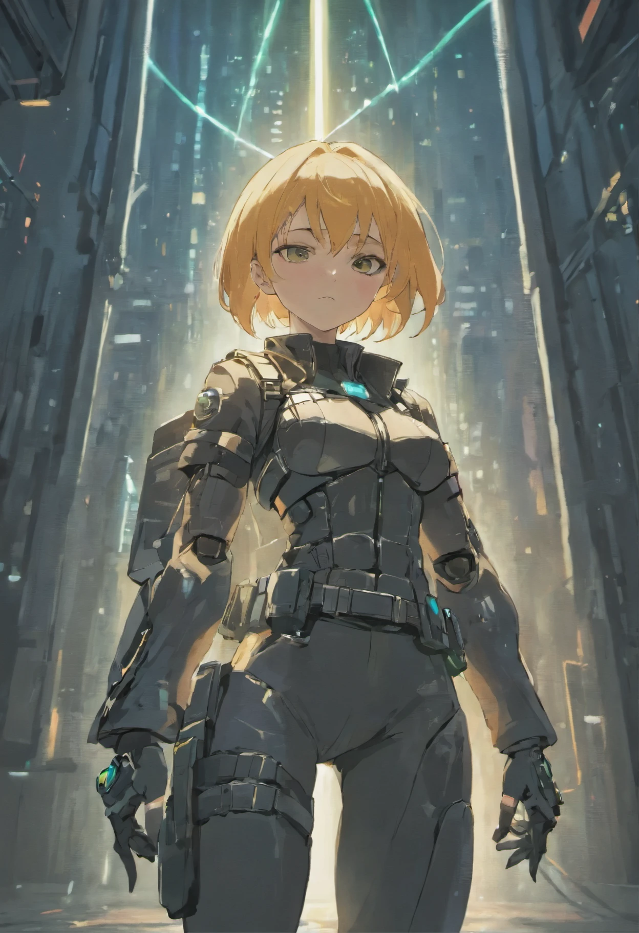 A cyberpunk female police officer wears a bulletproof vest and armor on her lower abdomen. Behind her is a tower illuminated by lights.