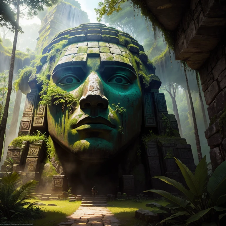 There is a big stone statue in the middle of a jungle, cenote, unreal Maya, stunning splash screen art, Ryan Meinerding, ruin, cenote, imax closeup of face, ruined temple, screenshot of 2020 video game, Moai, inspired by Thomas Corsan Morton, by Arvid Nyholm, epic graphics