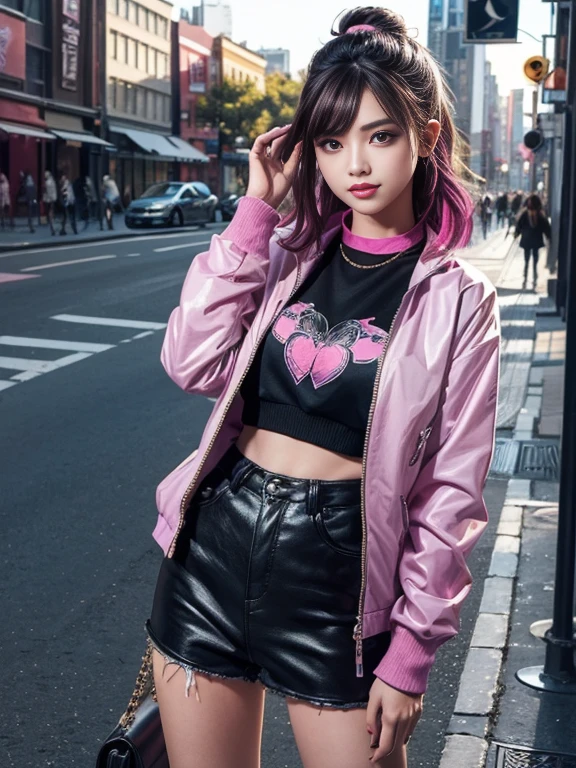 (best quality, hyper detailed, high quality, masterpiece)"Create an image of a fashionable and trendy gal-style girl. She should have colorful dyed hair, styled in a cute and edgy way. She should be wearing a trendy outfit with a mix of vibrant colors and bold patterns. The background should be a vibrant cityscape or a stylish urban setting to complement her fashion-forward look. Make sure to capture her confident and sassy demeanor in the image. Showcasing her with a happy and stylish expression would be perfect.
