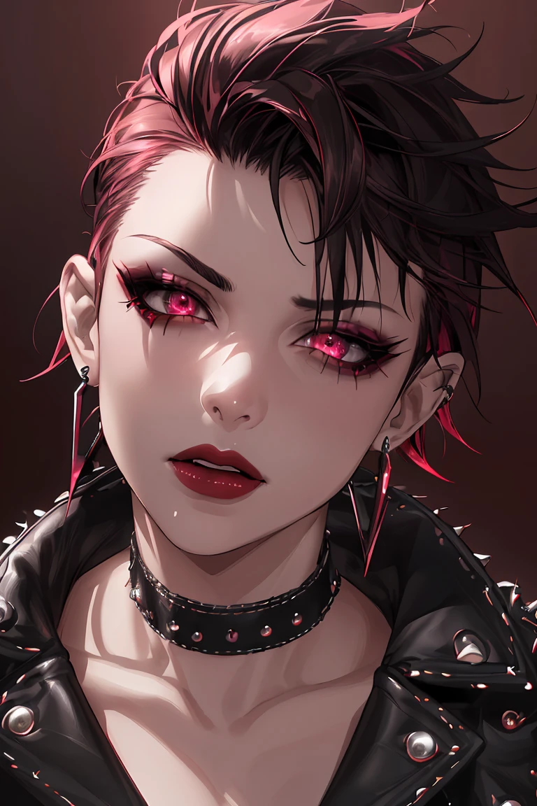 1girl, (close up, masterpiece, best quality: 1.2), 8k, official art, absurdres, gothic, studded leather jacket and choker, pierced earrings, (smoky red eye shadow with glitter, pinkish red lips glazed :0. 9), very dark red background, HDR, facelight, ultra realistic, highres, photography, film grain, chromatic aberration, sharp focus, HDR, facelight, dynamic lighting, cinematic lighting, professional shadow, dark shadow, highest detailed, extremely detailed, ultra detailed, finely detail, real skin, delicate facial features, detailed face and eyes, sharp pupils, realistic pupils, (punk hair: 1.4) short curly black hair, punk hair