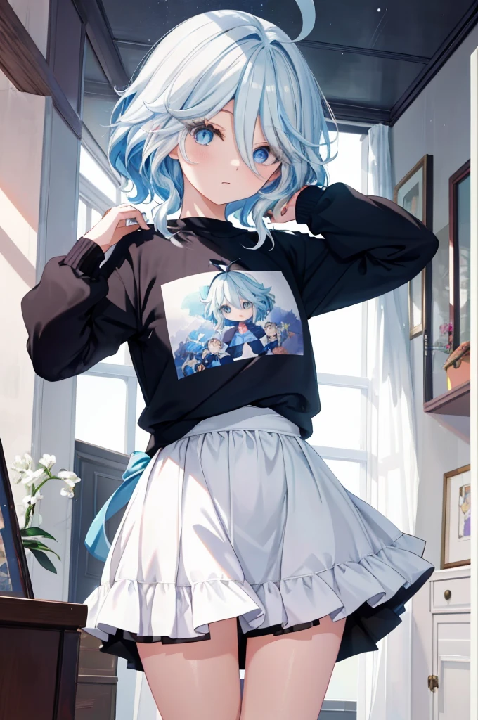 Furina  anime com cabelos brancos e olhos azuis, deus de cabelos brancos, garota retrato, camiseta, sweatshirt, Anime Girl with Cosmic Hair, com cabelos brancos, cabelos brancos, arte digital no Pixiv, retrato de anime Cirno, trends on artstation pixiv, cabelos brancos perfeitos, cabelo branco, retrato de olhos azuis, a miniskirt