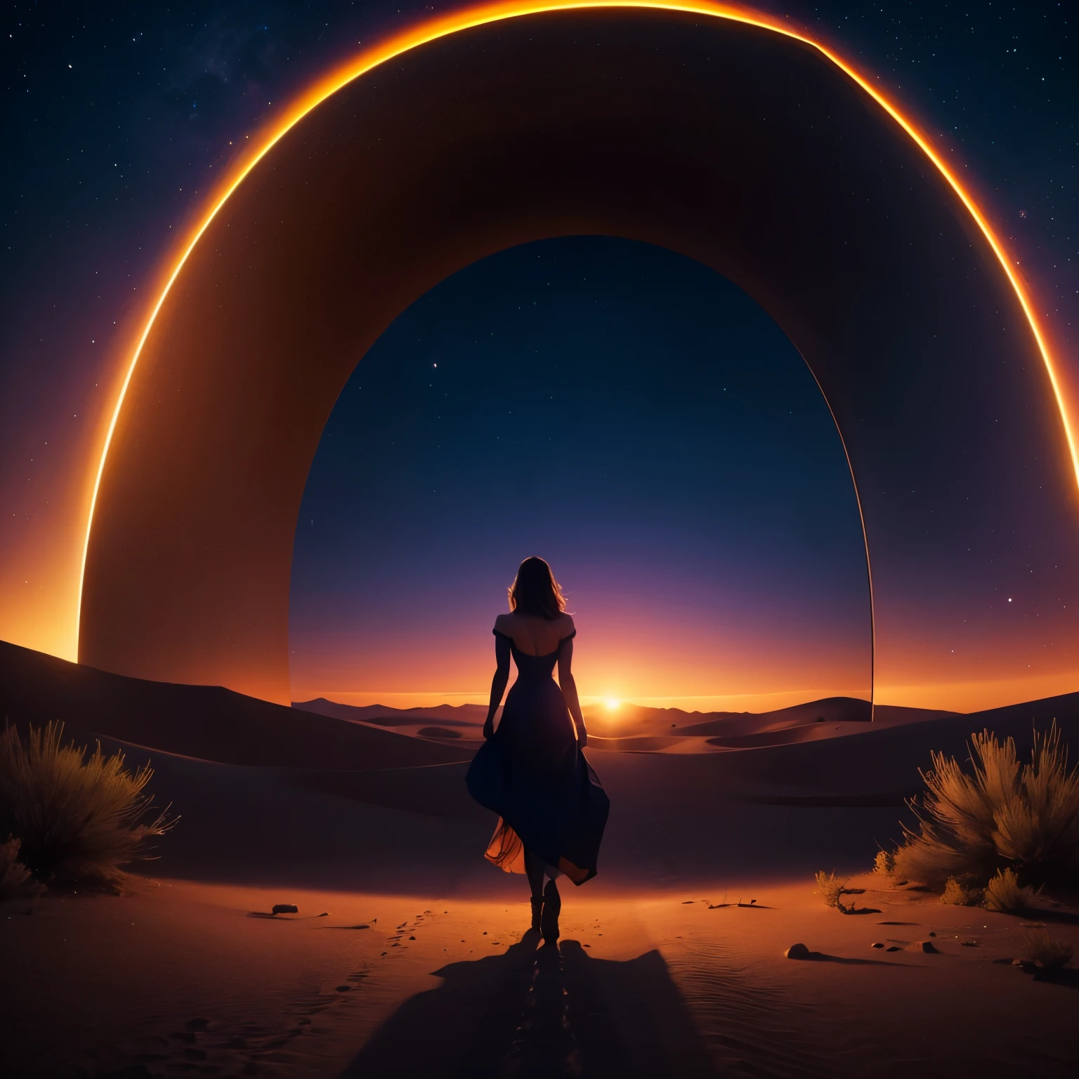 a beautiful woman passes through a dimensional portal in the middle of a desert, seen from afar and from behind, in a night of cinematic colors