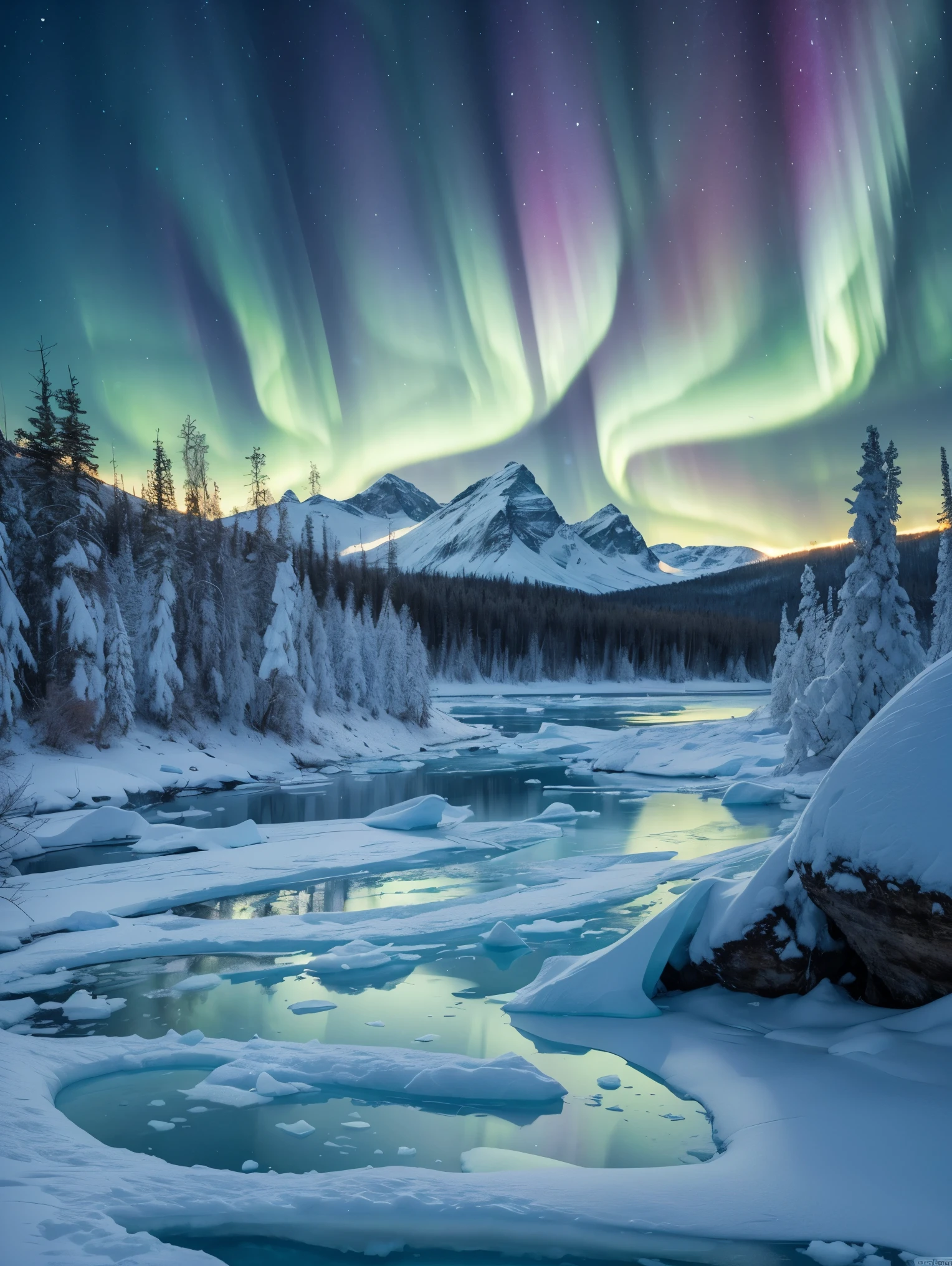 An exquisite arctic landscape painted in various shades of ethereal blue, showcasing the untouched beauty of icy glaciers, sparkling snow-covered peaks, and an expansive frozen forest stretching as far as the eye can see. A landscape with feminine curves. Mounds reminiscent of the 
the shape of generous breasts. The serene atmosphere is intensified by the soft glow of the moon reflecting off the crystalline ice, creating a captivating tableau of pure tranquility and awe-inspiring natural wonders. Northern lights. National geographic style. Masterpiece. UHD.