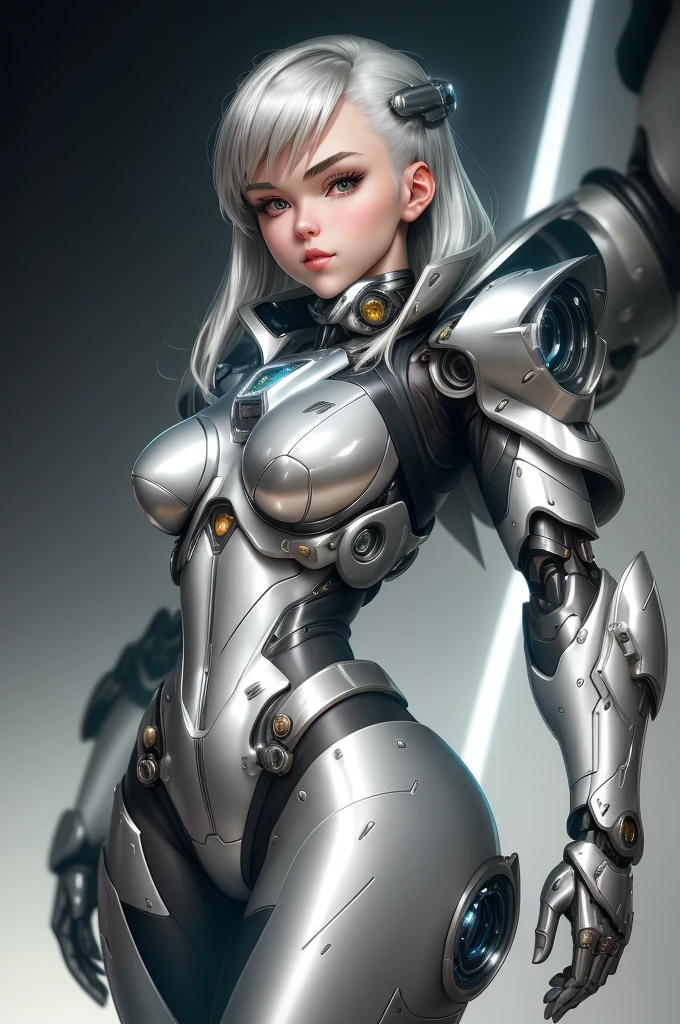 silver garment，tights，woman，Perfect body，Detail showcased，sexy，Fantasy，magic，Metal streamlined mecha，Streamlined machinery，Humanity，jumpsuit，Streamlined cyberpunk style，highest detail，Futurism，perfect girl，cute cyborg girl，Cyborg-silver-haired girl，beautiful women，Girl in mecha armor，HD，high quality， best quality ,