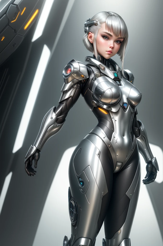 silver garment，tights，woman，Perfect body，Detail showcased，sexy，Fantasy，magic，Metal streamlined mecha，Streamlined machinery，Humanity，jumpsuit，Streamlined cyberpunk style，highest detail，Futurism，perfect girl，cute cyborg girl，Cyborg-silver-haired girl，beautiful women，Girl in mecha armor，HD，high quality， best quality ,