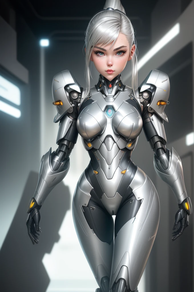 silver garment，tights，woman，Perfect body，Detail showcased，sexy，Fantasy，magic，Metal streamlined mecha，Streamlined machinery，Humanity，jumpsuit，Streamlined cyberpunk style，highest detail，Futurism，perfect girl，cute cyborg girl，Cyborg-silver-haired girl，beautiful women，Girl in mecha armor，HD，high quality， best quality ,