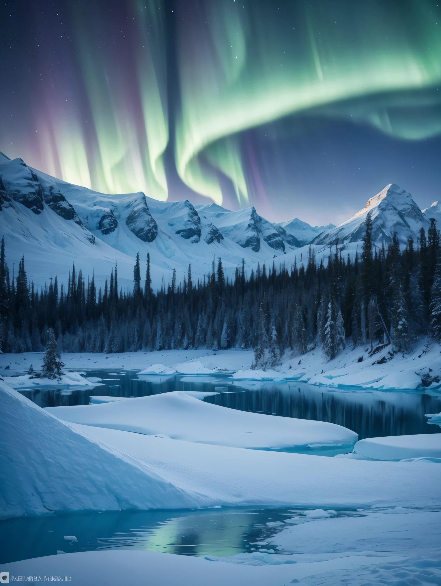 An exquisite arctic landscape painted in various shades of ethereal blue, showcasing the untouched beauty of icy glaciers, sparkling snow-covered peaks, and an expansive frozen forest stretching as far as the eye can see. A landscape with feminine curves. Mounds reminiscent of the
the shape of generous breasts. The serene atmosphere is intensified by the soft glow of the moon reflecting off the crystalline ice, creating a captivating tableau of pure tranquility and awe-inspiring natural wonders. Northern lights. National geographic style. Masterpiece. UHD.