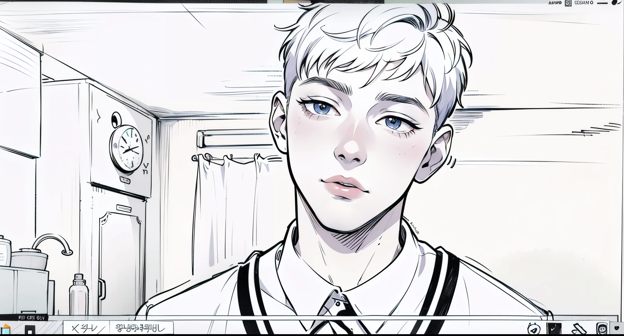 young boy of 15 years old asks his friend to go away to leave him alone he has white hair drawing of a man looking at another man in a mirror, inspirado en Gang Se-hwang, inspirado en Kim Myeong-guk, inspirado por Kim Eung-hwan, inspirado por Kim Hwan-gi, inspirado por Byeon Sang-byeok, dibujado con photoshop, clean coloring book page, Hiper contraste bien dibujado, bosquejo del esquema, Dibujo lineal realista