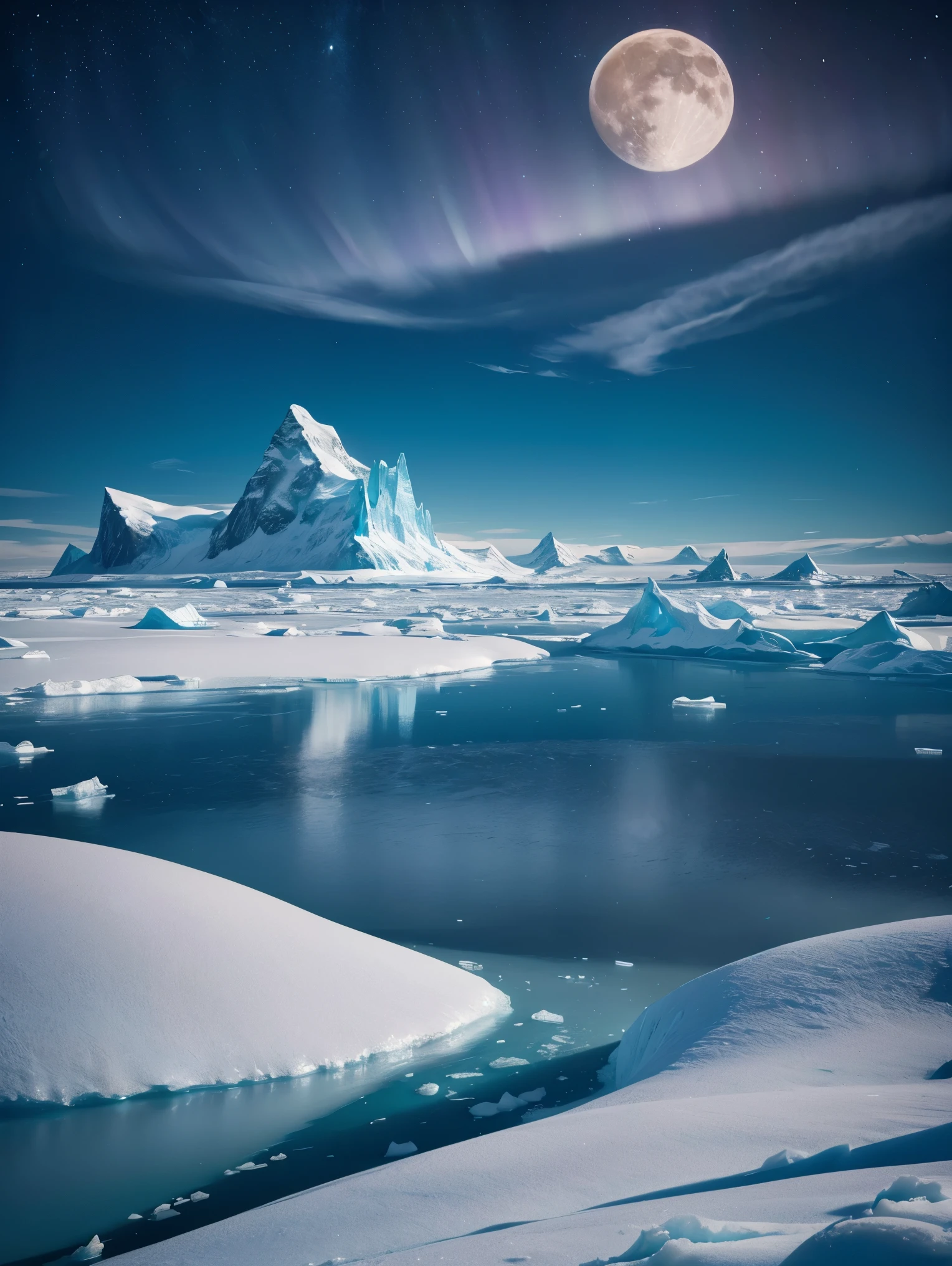 An exquisite arctic landscape painted in various shades of ethereal blue, showcasing the untouched beauty of icy glaciers, sparkling snow-covered peaks, and an expansive frozen tundra stretching as far as the eye can see. A landscape with feminine curves. Mounds reminiscent of the
the shape of generous breasts. The serene atmosphere is intensified by the soft glow of the moon reflecting off the crystalline ice, creating a captivating tableau of pure tranquility and awe-inspiring natural wonders. Northern lights. National geographic style. Masterpiece. UHD.