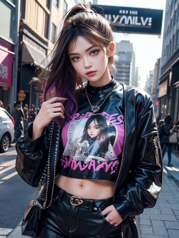 (best quality, hyper detailed, high quality, masterpiece)"Create an image of a fashionable and trendy gal-style girl. She should have colorful dyed hair, styled in a cute and edgy way. She should be wearing a trendy outfit with a mix of vibrant colors and bold patterns. The background should be a vibrant cityscape or a stylish urban setting to complement her fashion-forward look. Make sure to capture her confident and sassy demeanor in the image. Showcasing her with a happy and stylish expression would be perfect.