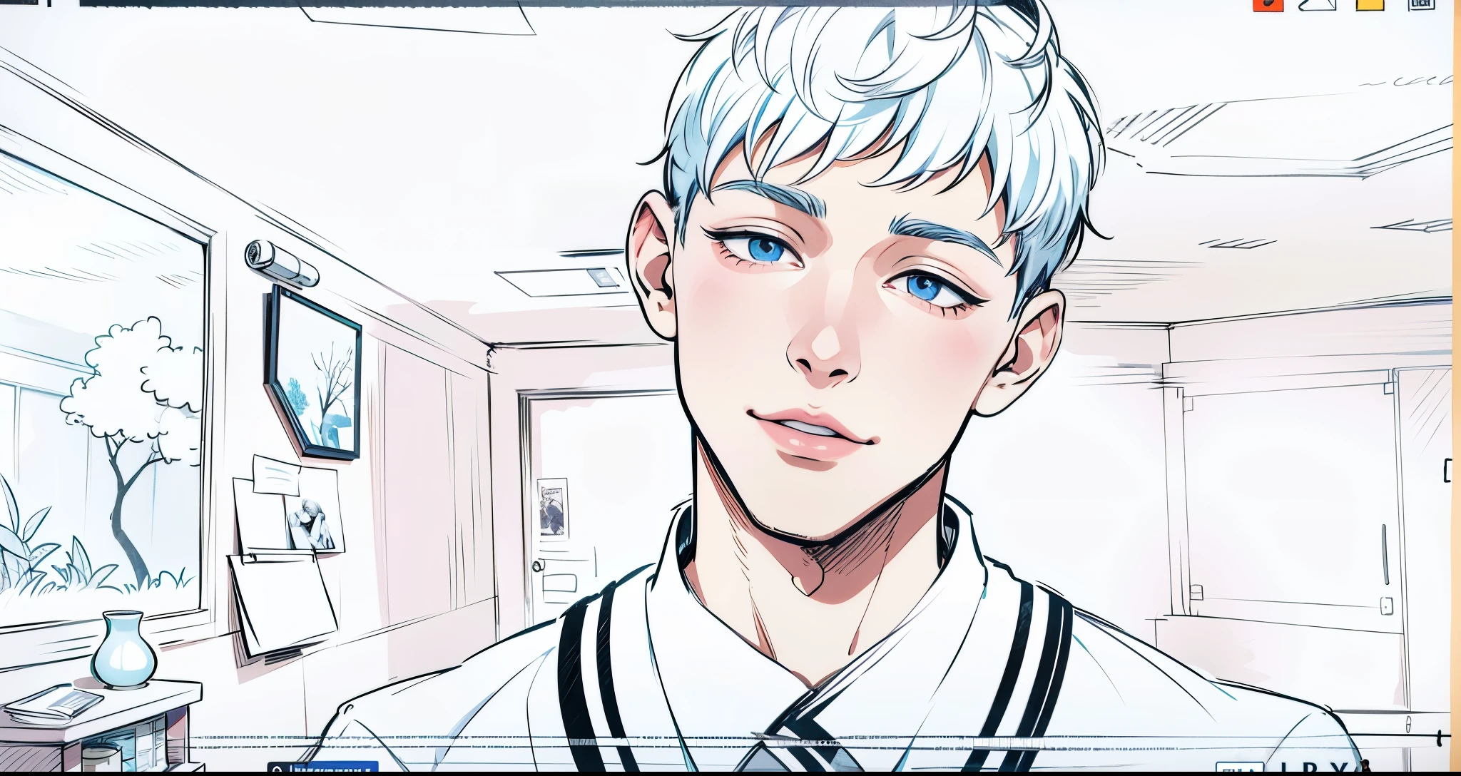 The young man says a few words and smiles, a 15-year-old boy asks his friend to leave him alone. He has white hair. Drawing of a man looking at another man in a mirror., inspirado en Gang Se-hwang, inspirado en Kim Myeong-guk, inspirado por Kim Eung-hwan, inspirado por Kim Hwan-gi, inspirado por Byeon Sang-byeok, dibujado con photoshop, clean coloring book page, Hiper contraste bien dibujado, bosquejo del esquema, Dibujo lineal realista