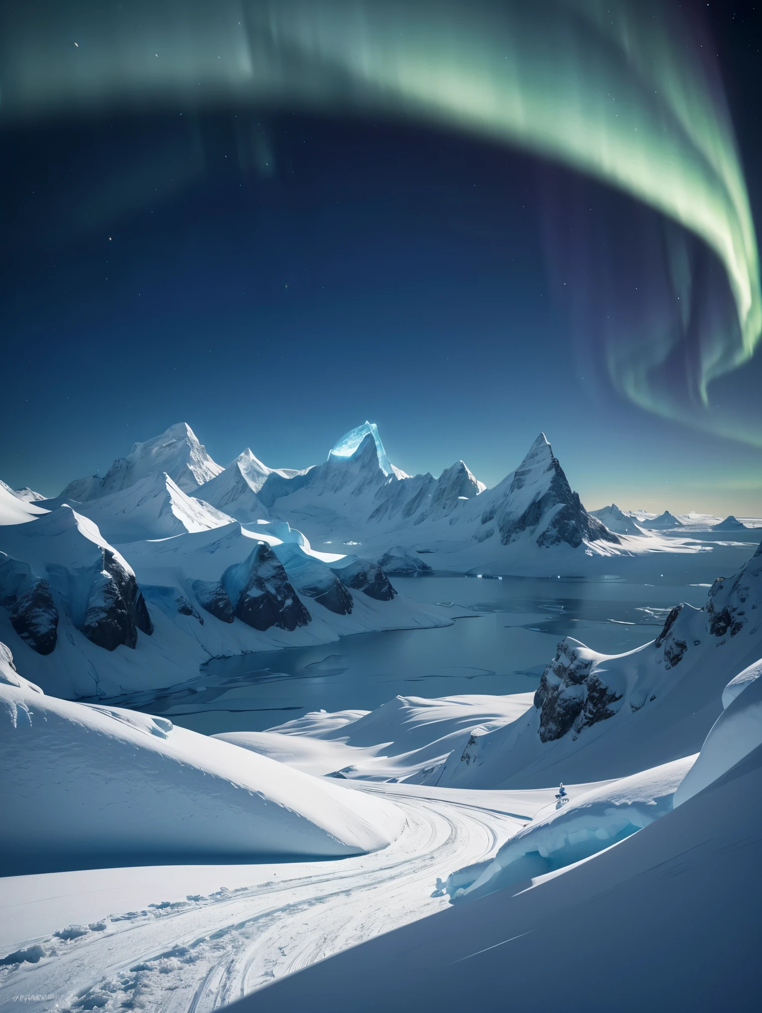 An exquisite arctic landscape painted in various shades of ethereal blue, showcasing the untouched beauty of icy glaciers, sparkling snow-covered peaks, and an expansive frozen tundra stretching as far as the eye can see. A landscape with feminine curves. Mounds reminiscent of the 
the shape of generous breasts. The serene atmosphere is intensified by the soft glow of the moon reflecting off the crystalline ice, creating a captivating tableau of pure tranquility and awe-inspiring natural wonders. Northern lights. National geographic style. Masterpiece. UHD.