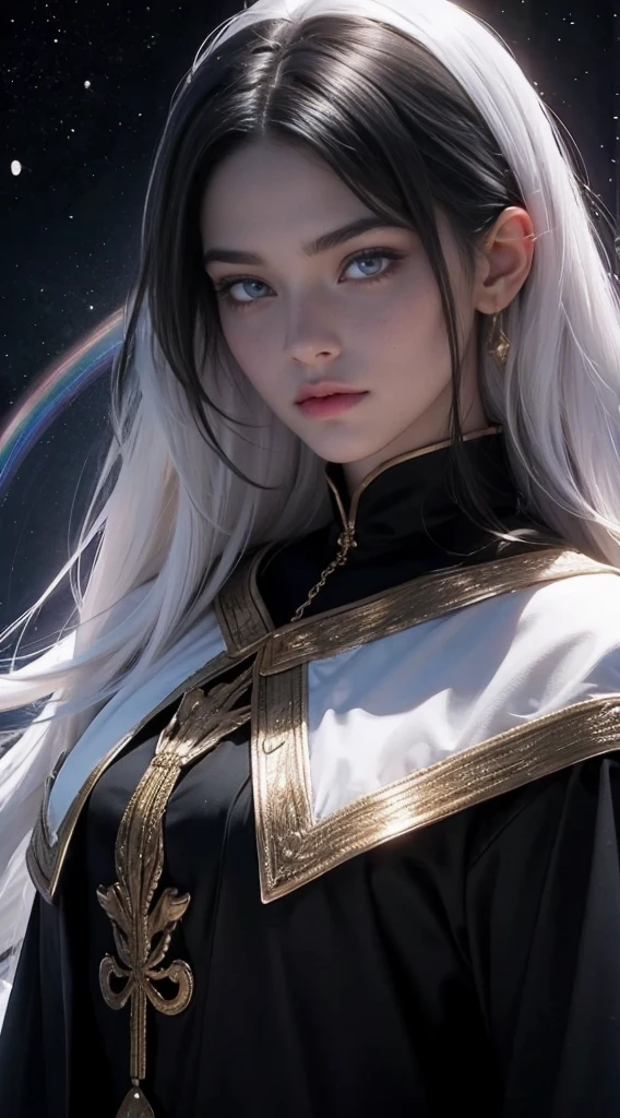 black woman, skin reference dark black, 40 years, long snow-white hair, rainbow color eyes, wearing a fine shiny silk fabric. The background is a hall of the universe. 8k, best quality masterpiece. Please i need the her skin be black, keep the characteristics but with a skin black and a expression of a person of 40 years