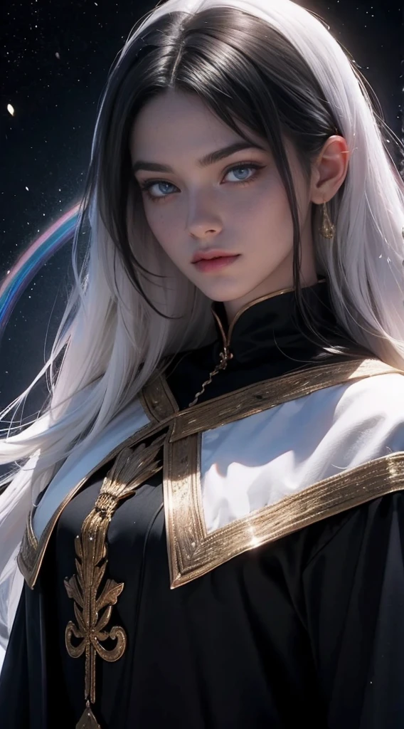 black woman, skin reference dark black, 40 years, long snow-white hair, rainbow color eyes, wearing a fine shiny silk fabric. The background is a hall of the universe. 8k, best quality masterpiece. Please i need the her skin be black, keep the characteristics but with a skin black and a expression of a person of 40 years