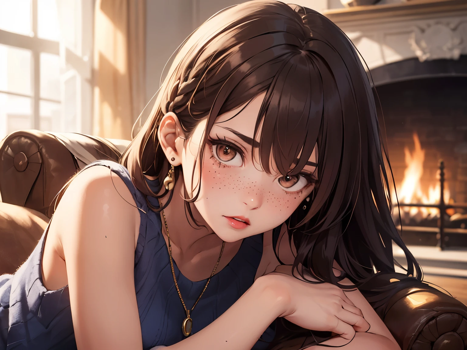 ((best quality)), ((masterpiece)), (detailed), Ridiculous resolution, ultra-high resolution, hyper resolution, (masterpiece:1.4), Hyper-detailing, a woman. She is . Auburn hair. She has bangs in her hair. Braids. red lips. closed lips. she is blushing. she has freckles. (Ultra detailed brown eyes:1.4)). she is lying on a sofa by the fireplace. She is wearing a blue colored sleeveless wool sweatshirt. necklace. She is upset.
