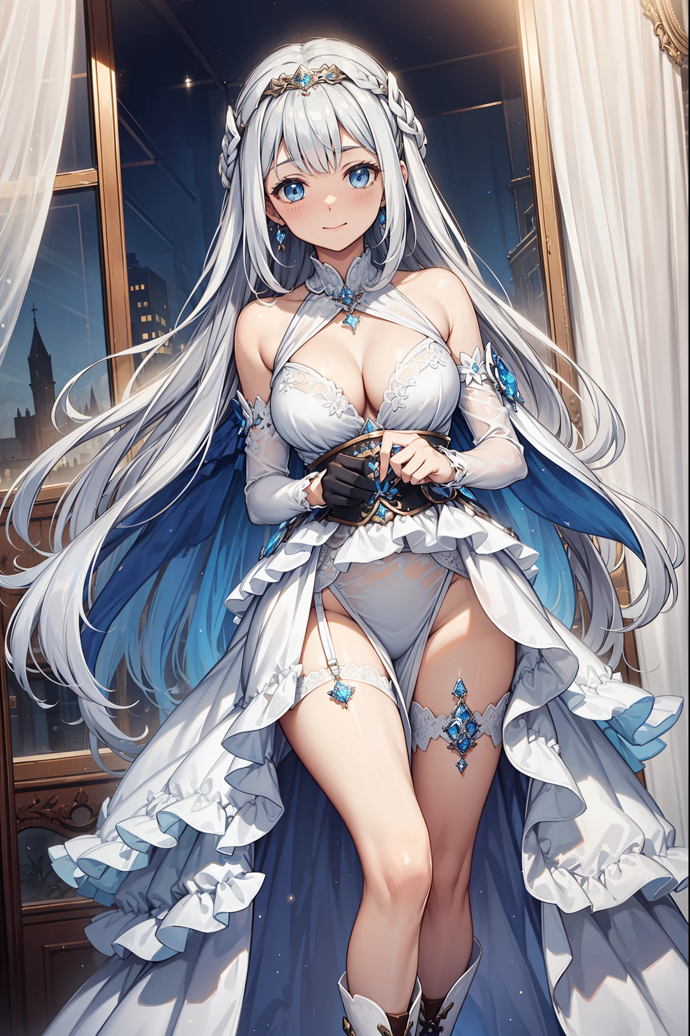 saints，Attractions，having fun，in love，(Western magic white dress)，silver hair，blue eyes，see through transparent clothes，Delicate hair accessories，Transparent lace，Sky blue pattern，night，Beautifully dressed，bedroom，the only person，night，Carved suspender boots