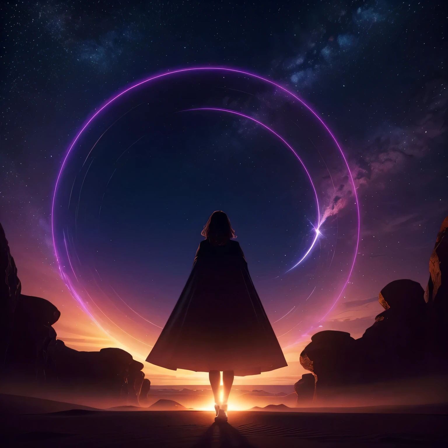 uma linda mulher passa por um portal dimensional no meio de um deserto, seen from afar and from behind, in a night of cinematic colors