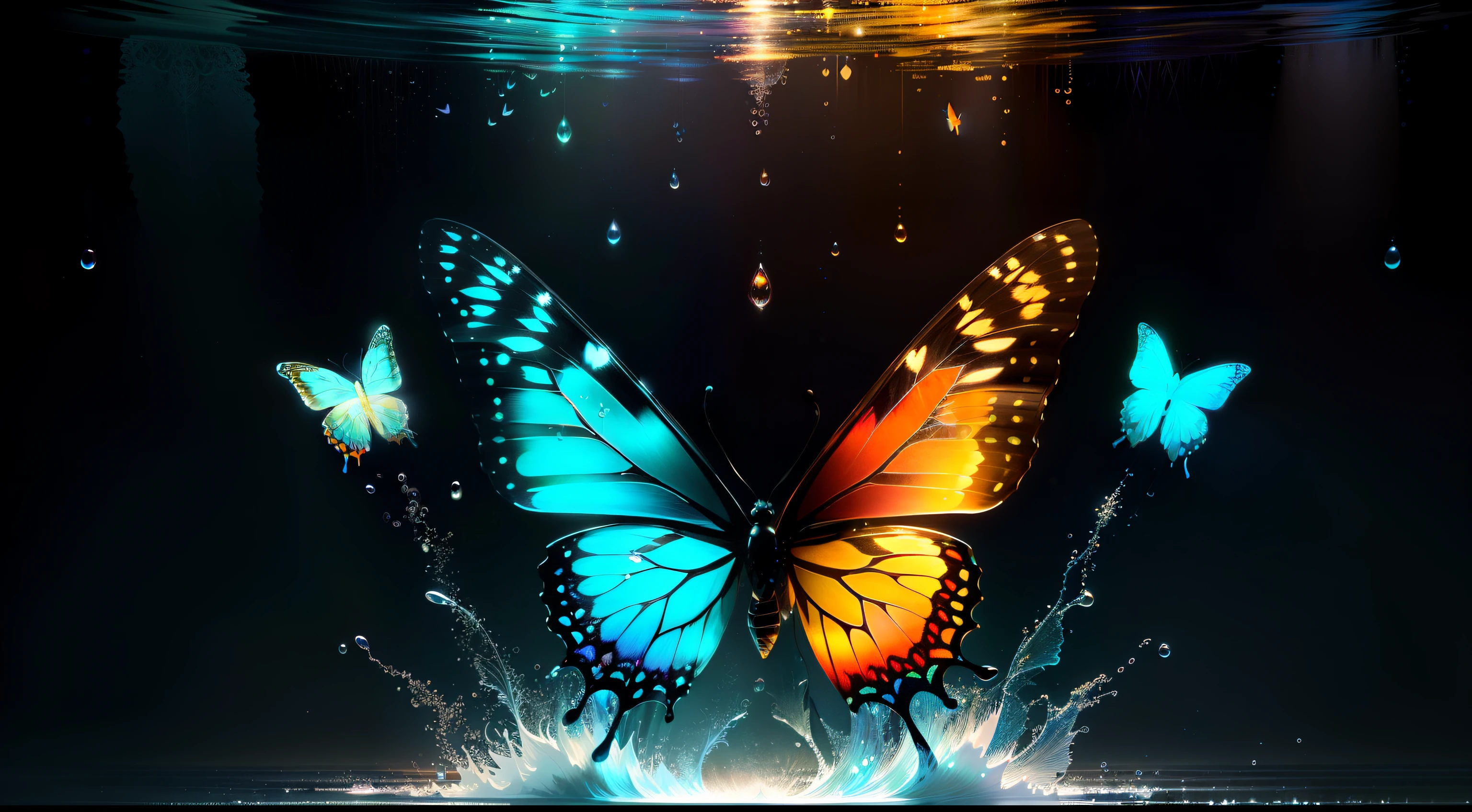 alta calidad, muy detallado, 8k ultra high definition, mariposa naranja hecha de agua pulverizada, En esta encantadora obra de arte, the very essence of water transforms into ethereal butterflies, cada gota adorna con gracia las alas de una mariposa en vuelo, La translucidez del agua capta la delicada belleza de la mariposa., Patrones intrincados, aquatic butterflies, encantamiento, its ephemeral forms suspended in time, The play of lights on its wings adds a touch of magic., turning ordinary droplets into a symphony of aquatic butterflies, bailando en el reino donde el agua se encuentra con el vuelo caprichoso, por yukisakura, impresionante a todo color