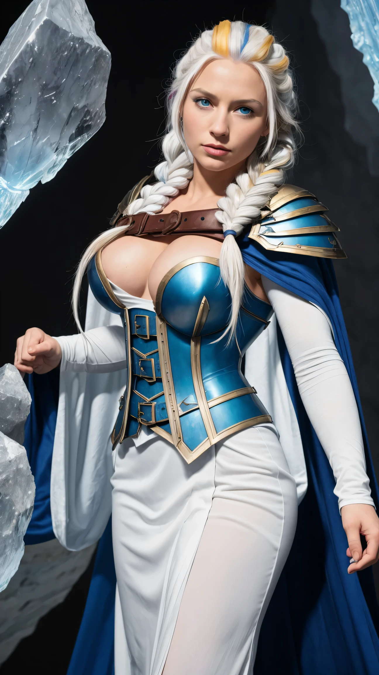 masterpiece, best quality, 1girl, solo, standing, jainapost, multicolored hair, white hair, (single braid:1.1), chest strap, cleavage, armor, corset, blue cape, gauntlets, bracer, greaves, long sleeves, parted lips, hand on hip, dark, huge breasts, bursting breasts, magic, spell, crystal, frost, ice, blizzard,,,,,