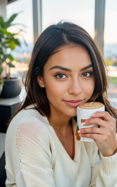 Beautiful blonde wearing pink sweater (drinking coffee inside a trendy cafe at sunset), muito detalhado, 21 anos de idade, rosto inocente, cabelos ondulados naturais, olhos azuis, high resolution, obra de arte, melhor qualidade, detalhes intrincados, altamente detalhado, sharp focus, pele detalhada, realista skin textura, textura, olhos detalhados, profissional, 4k, sorriso charmoso, filmado em Canon, 85mm, profundidade superficial de campo,  Kodak Vision Colors, corpo em forma perfeita, extremamente detalhado, foto_\(ultra\), photorealista, realista, post-processing, maximum detail, rugosidade, Vida real, ultra realista, fotorrealismo, fotografia, 8K Ultra HD, fotografia