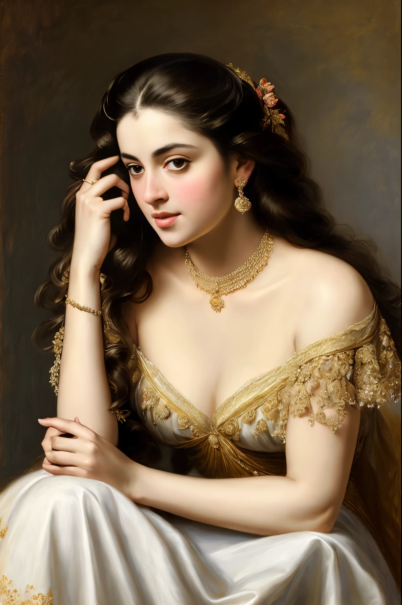 Best quality, highly detailed, masterpiece, Indian princess, Rajkanya, royal clothes, Masterpiece, extremely gorgeous woman, matchless Beauty, portrait, Peter Paul Rubens style, Woman, off shoulder bandeau crop blouse, beautifully styled hair, fluffy hair, middle ages, classicism, andrey atroshenko style, painting, long hair, styled hair, traditional media, realistic, figurative, fine art, detailed Art, oil on canvas, HDR, 8K, original character, high resolution, high detail, focus on the face, intricate, flawless, fluffy hair, Peter Paul Rubens style, By Peter Paul Rubens, sharp picture, no crown