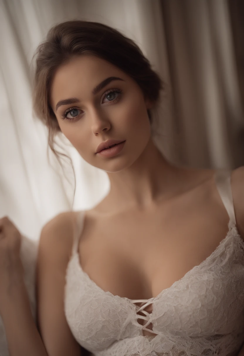arafed woman with a white bra, sexy girl with green eyes, portrait sophie mudd, brown hair and large eyes, selfie of a young woman, bedroom eyes, violet myers, without makeup, natural makeup, looking directly at the camera, face with artgram, subtle makeup, stunning full body shot, piercing green eyes,completely naked show her