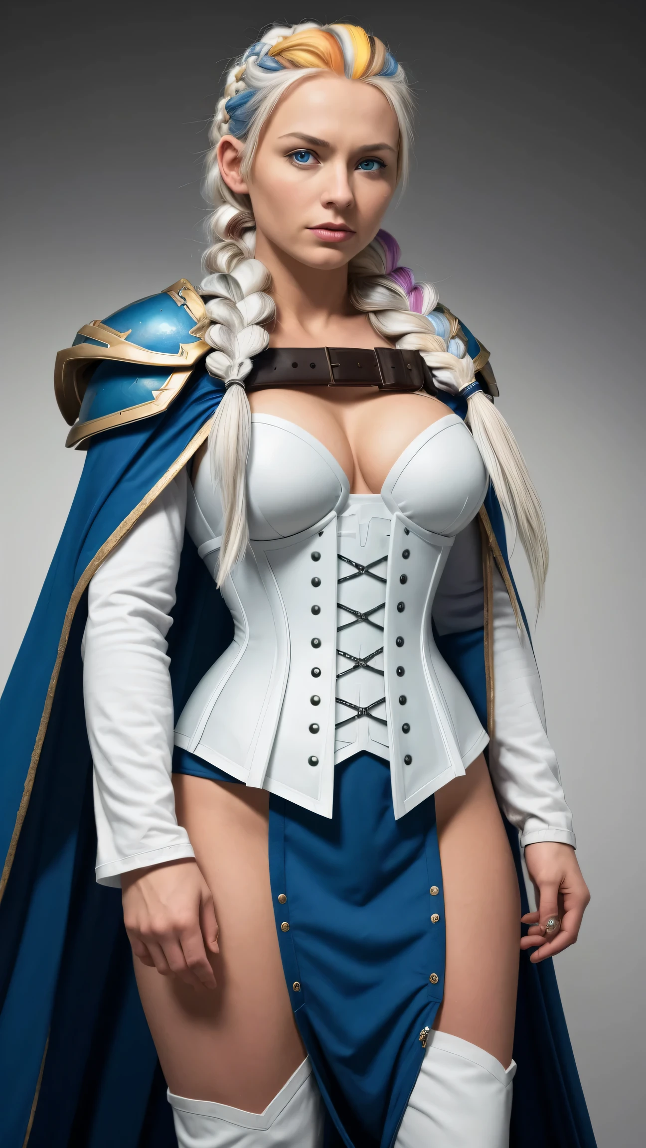 masterpiece, best quality, 1girl, solo, standing, jainapost, multicolored hair, white hair, (single braid:1.1), chest strap, cleavage, armor, corset, blue cape, gauntlets, bracer, greaves, long sleeves, parted lips, hand on hip, dark, huge breasts, bursting breasts, magic, spell, crystal, frost, ice, blizzard,,,,,