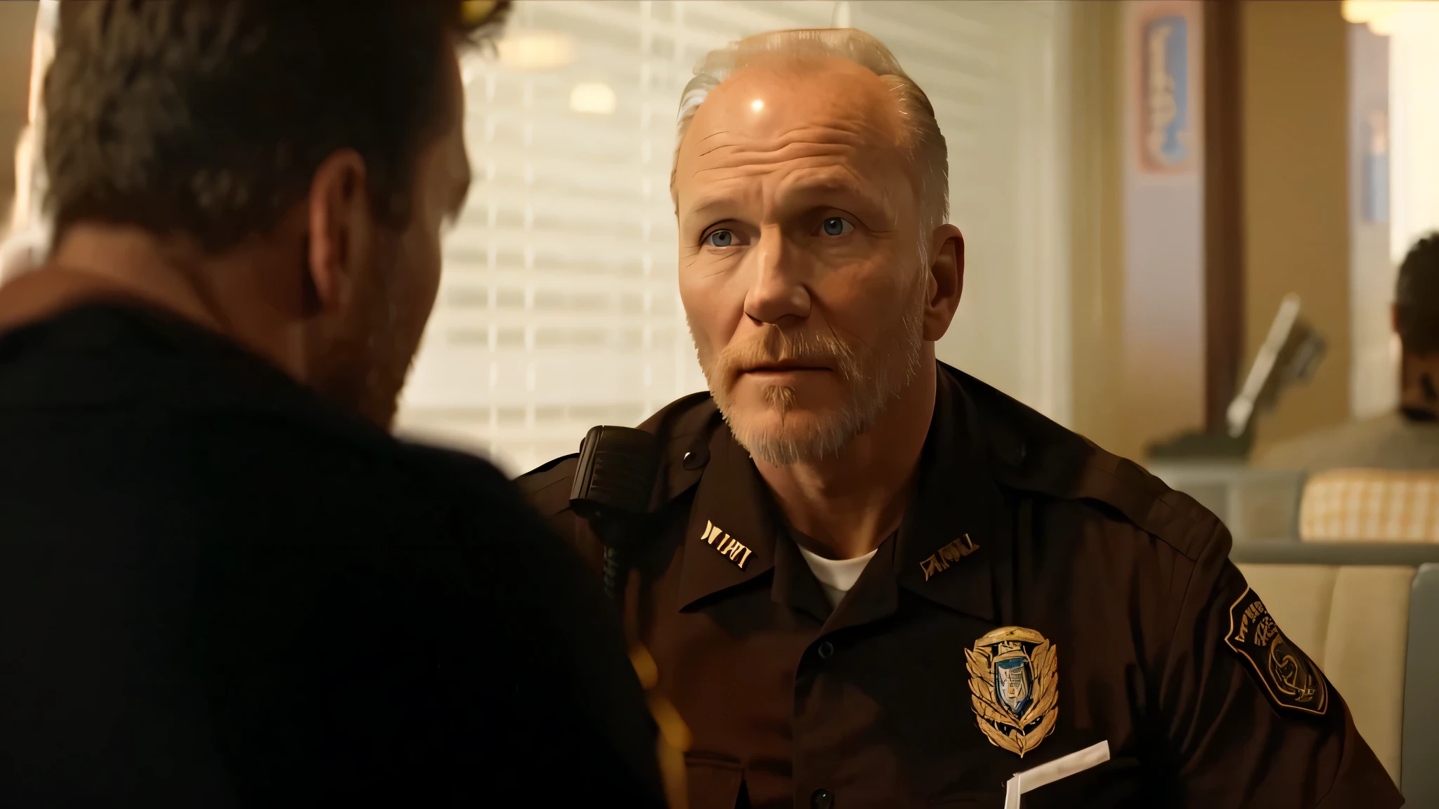 there is a man in a uniform talking to a man in a black shirt, photo still, representing ed harris, full color still, movie, fargo, documentary still, david myers, still shot from movie, movie screencap, award winning movie still, award winning cinematic still, film still dnd, netflix, still image from tv series, shot from movie