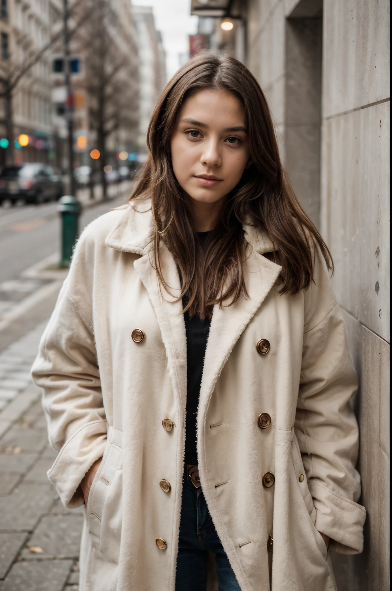 RAW photo of beautiful woman, 30 years old, portrait, coat, neutral background, (high detailed skin:1.2), 8k uhd, dslr, soft lighting, high quality, film grain, Fujifilm XT3,