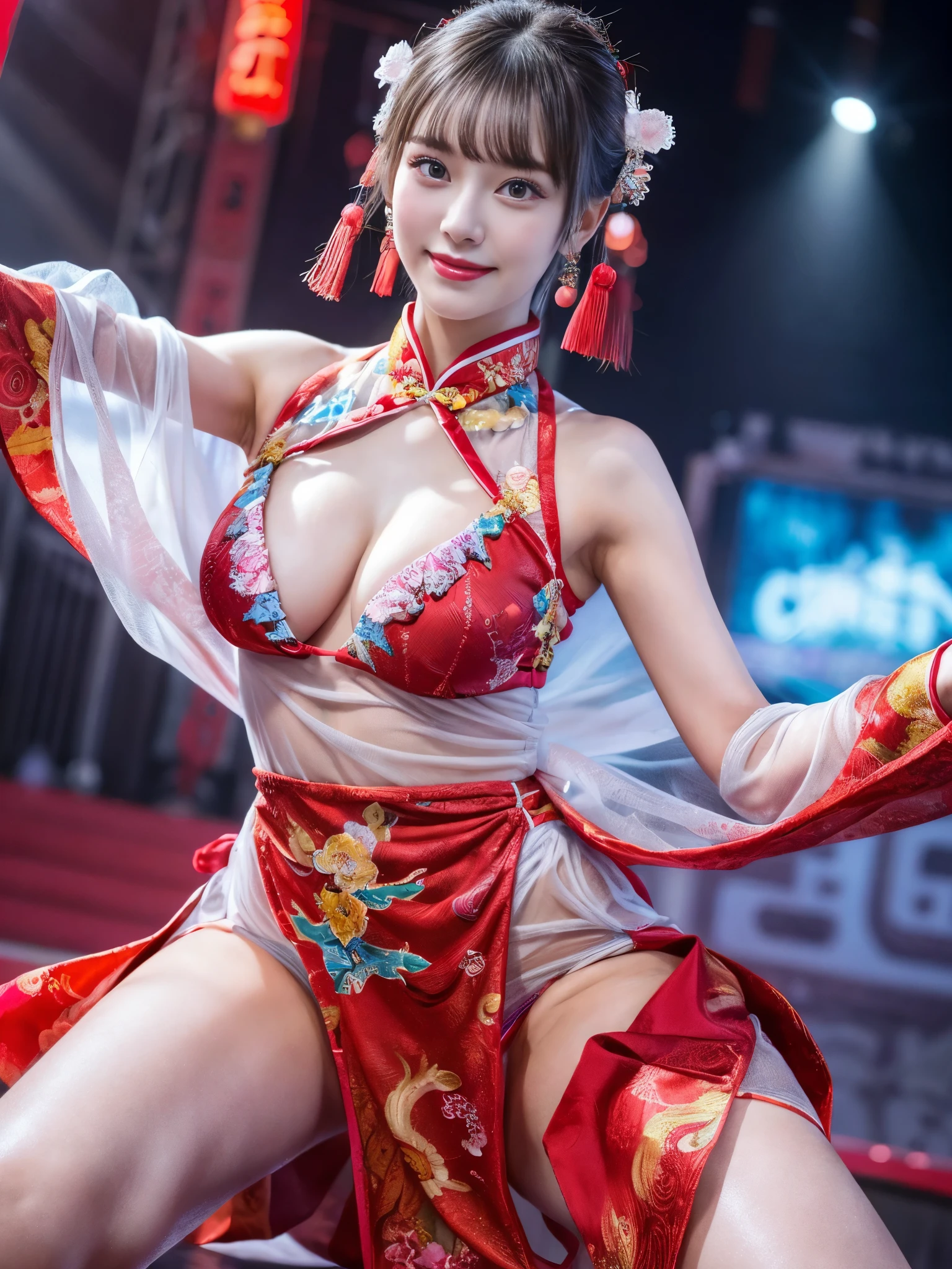 (absurdres, 8k, RAW photo, best quality, masterpiece, ultra detailed:1.2)(realistic, photorealistic:1.4) depth of field blurred 4K background, bokeh, cinematic BREAK 1 extremely cute Japanese girl, idol, solo, kawaii, 20 years old,extremely detailed face, shiny brown eyes, detailed long straight hair, skin texture, looking at viewer, smile, flat chests (dynamic gravure pose, spread legs:1.4) perfect limbs, detailed hands, detailed fingers, finger tips BREAK colorful, vibrant, chic, flowing, posing, enchanting, adorned, charming, feminine, coordinating, accessorized, cute, playful, frilly, twirling, captivating, alluring, stylish, bedazzled, dancing, embellished, charming, (see-through Chinese-inspired dress, see-through dress:1.4) see-through bikini, transparent cloths, intricate, glamorous, radiant, stunning, coordinated, adorable, pastel-colored, bikinis, tropical, coordinating, chic, vibrant, accessorized, charming, posing, enchanting, adorned, stunning, coordinated, beachy, vibrant, playful, frilly, twirling, captivating, posing, enchanting, adorned, dancing, glamorous, coordinating, chic, flowing, accessorized, vibrant, captivating, posing, enchanting, adorned, charming, feminine, dancing, glamorous, coordinating, chic, flowing, accessorized, cute, vibrant-colored, frilly, twirling, enchanting, adorned, charming, posing, captivating, alluring, stylish, bedazzled, dancing, embellished, radiant, stunning, coordinated, adorable, vibrant, playful, frilly, twirling, enchanting, adorned, charming, enchanting, adorned (dancing) glamorous, coordinating, chic, flowing, accessorized, vibrant, captivating, alluring, stylish, bedazzled, posing, enchanting, adorned, stunning, coordinated, vibrant, playful, frilly, twirling, captivating, charming, posing, enchanting, adorned, dancing, glamorous, coordinating, chic, flowing, accessorized, vibrant (spot light, Chinese dance stage:1.4)